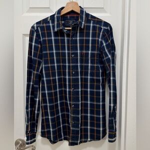 ETE Men's Navy and Brown Plaid Button Down Shirt